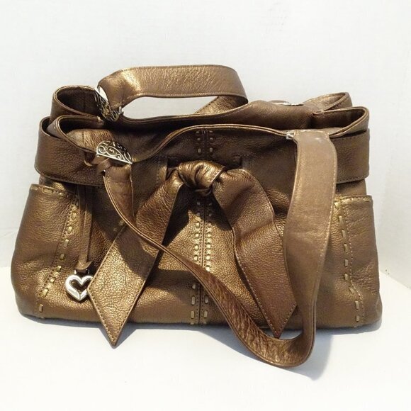Brighton Brown Bronze Leather Bag Bow Accent Contrast Stitch Charm Metallic - Picture 1 of 5